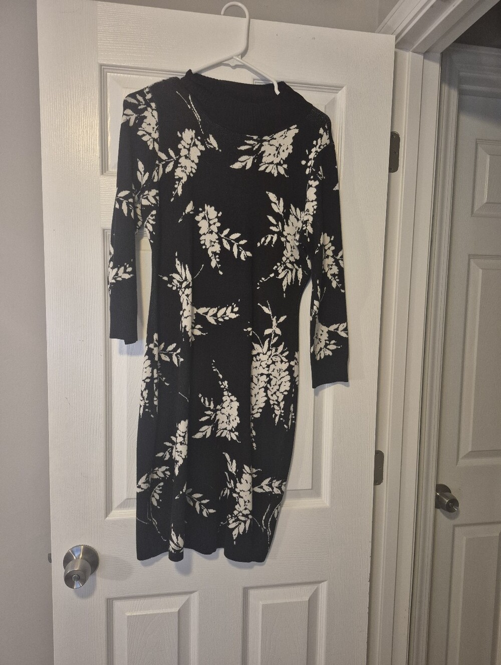Calvin Klein Black Knit Dress with White Floral Print - 3/4 Sleeve